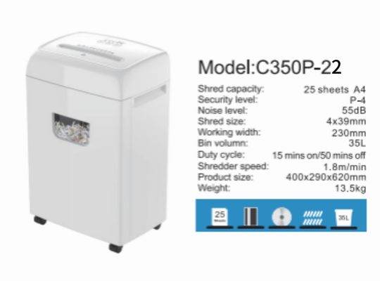 Nowy produkt Wytrzymała duża niszczarka do papieru 35L 22 arkusze Cross Cut do biura i użytku domowego C350P-22